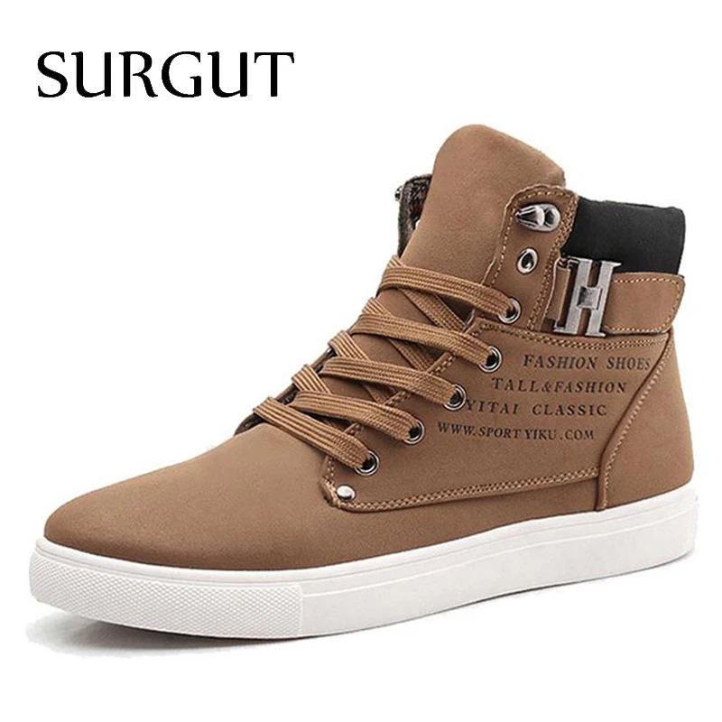 Acheter SURGUT Hommes Chaussures 2018 Top Mode Nouvelle Hiver Avant Lace Up Casual Cheville Bottes Automne Chaussures Hommes Wedge Fourrure chaud Chaussures En Cuir