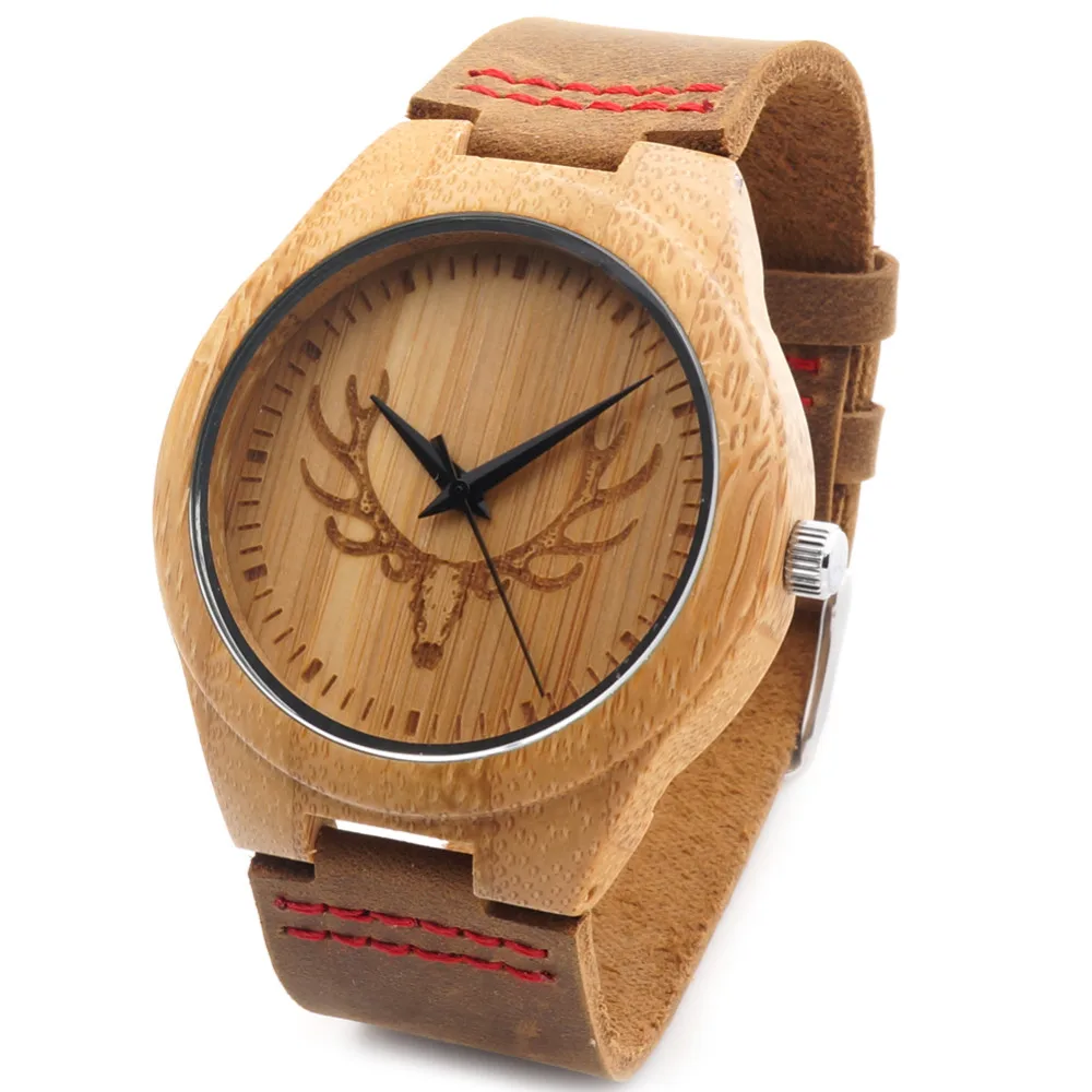 

BOBO BIRD Engraved Wolf Head Wooden Wristwatch Fine Jewelry Quartz Watches for Men with Red Stitch Leather Strap in Gift Box