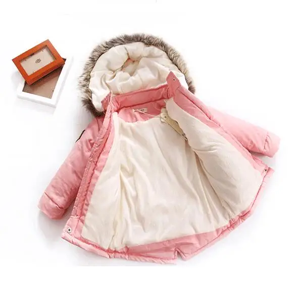 Осенне-зимние детские теплые толстые куртки с меховым капюшоном для девочек, детские парки верхняя одежда для девочек с наполнителем из 90% хлопка от 2 до 8 лет