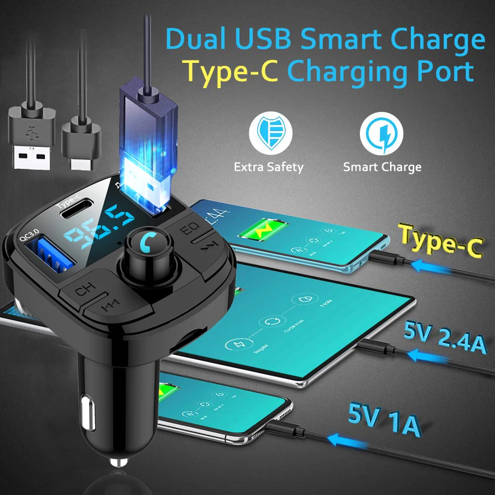 Автомобильный FM модулятор JINSERTA с функцией быстрой зарядки Bluetooth 5 0 QC3.0 TF USB mp3