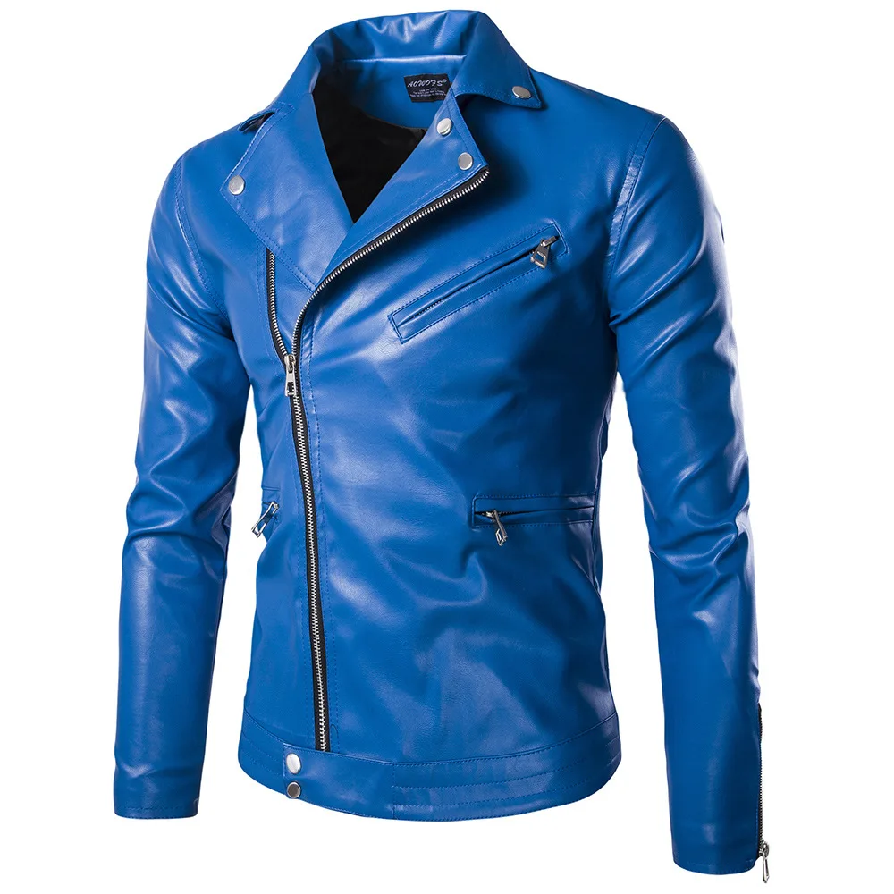 Blue Men Faux Leather Jacket Fashion Men Overcoat Casual Bomber Mens PU Jackets and Coats