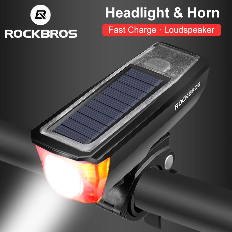 Best ROCKBROS Solar USB Charging Bike Bicycle Headlights IPX4 Waterproof 2 in 1 Bike Bell Light Sensing Smart Switch Bike Accessories 0