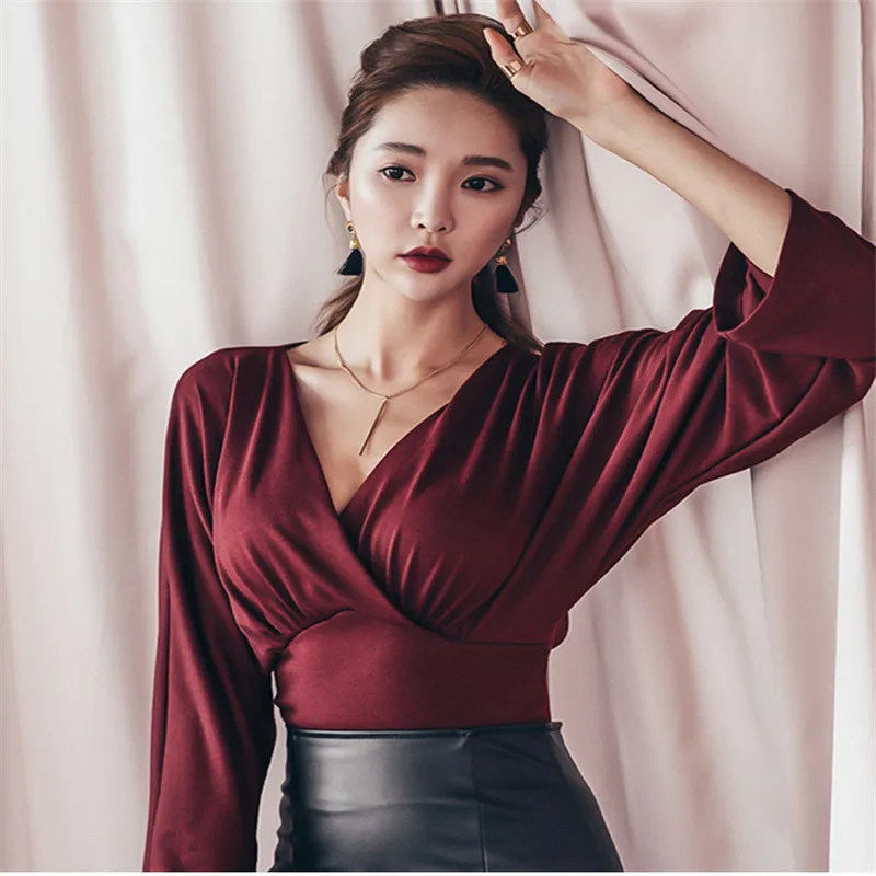 

2017 Full Sleeve Sexy Slim Low Cut Crop Top Sexy Women Tees T Shirt Female Femmes T-Shirt