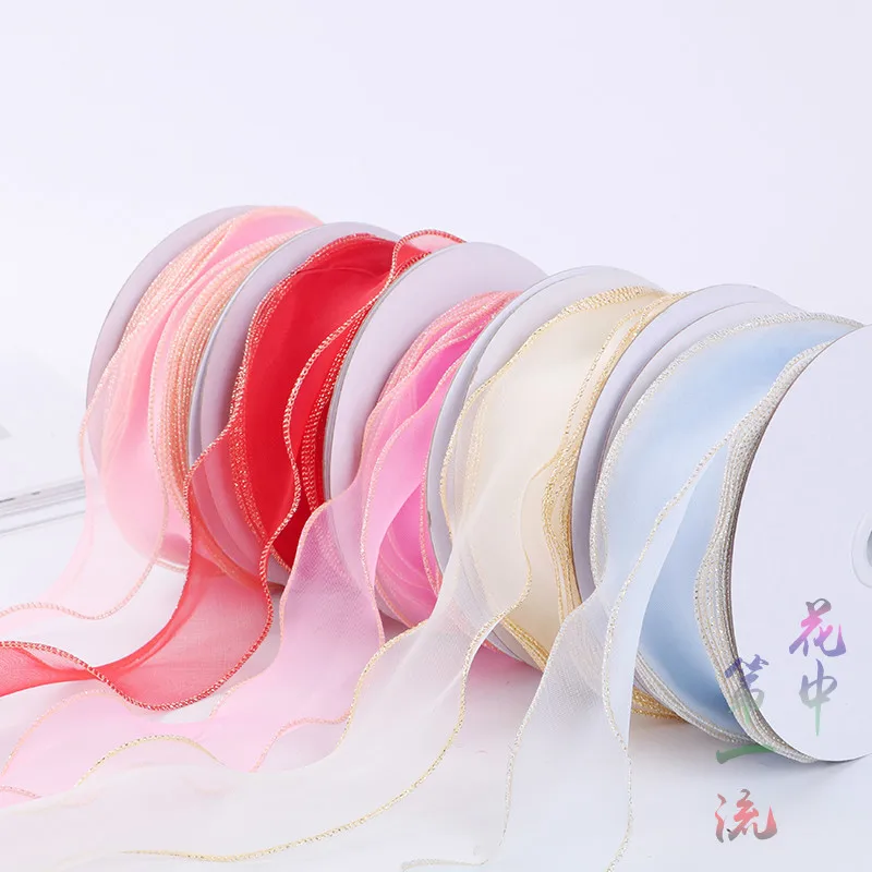 

New (25 Yards/roll) 5cm Waves Gold Edge Chiffon Organza Ribbon DIY Wedding Party Home Decor DIY Christmas Gift Wrapping Ribbon