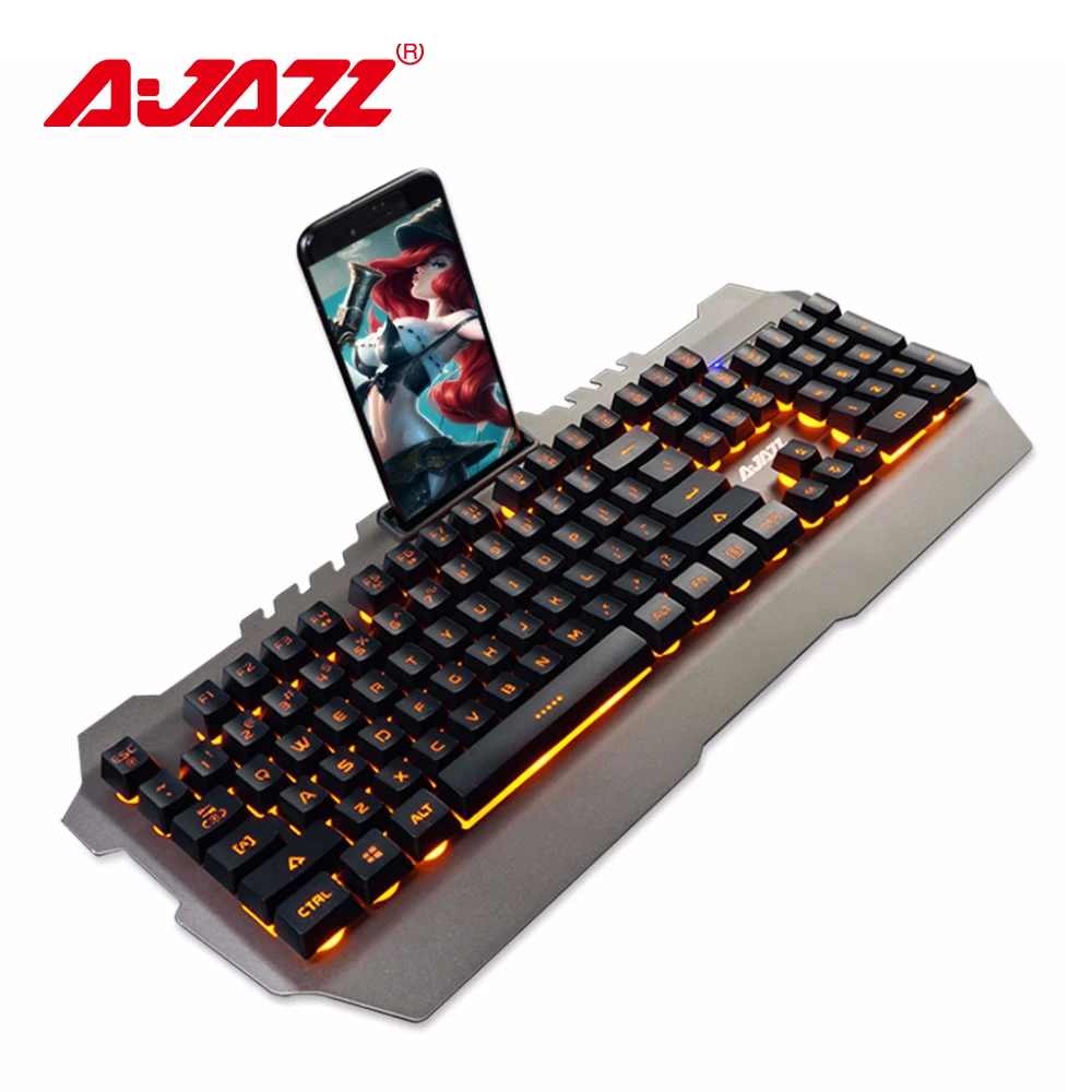 

Ajazz Membrane wired gaming keyboard 104 keys 19-key anti-ghosting waterproof metal panel backlit keyboard with phone holder