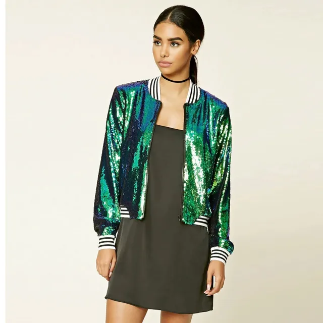 Knitted Striped Collar Women Jackets blingbling Gradient Green Sequined