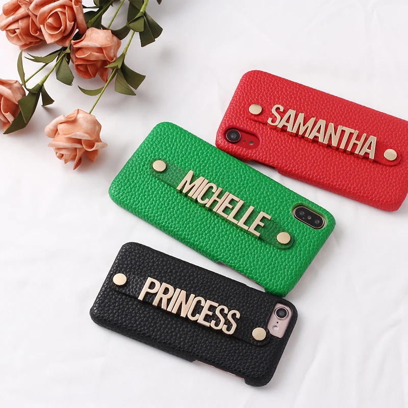 Holding Strap Metal Personalization Your Name Pebble Grain Leather Phone Case For iPhone 11 Pro 6S
