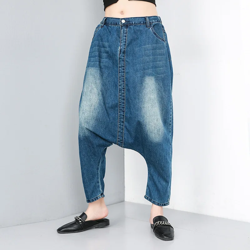 

LANMREM 2019 New Summer Fashion Women High Waisr Elastic Harent Denim Washed Vintage Jeans Female Loose Pants WF72905L