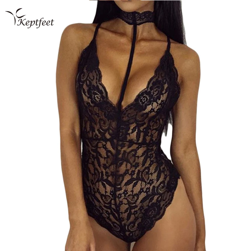 

keptfeet Sexy Black Floral Lace Bodysuit Women Choker Neck See Through Skinny Body Jumpsuit Romper Combinaison Shorts Playsuit