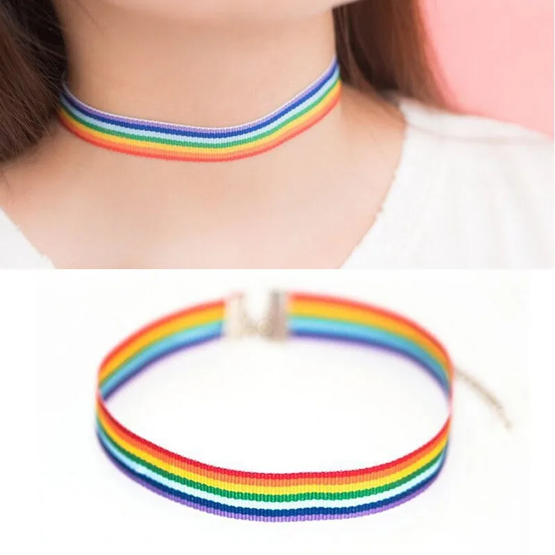 Men Women Gay Pride Rainbow Choker Necklace Gay and Pride Lace Chocker Ribbon Collar with Pendant Jewelry FD