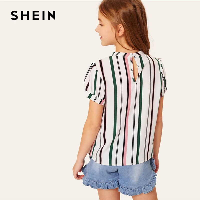 SHEIN/Повседневная плиссированная блузка в полоску для девочек; топы для подростков; коллекция года; сезон лето; блузка с отворачивающимися рукавами и пуговицами сзади; рубашки