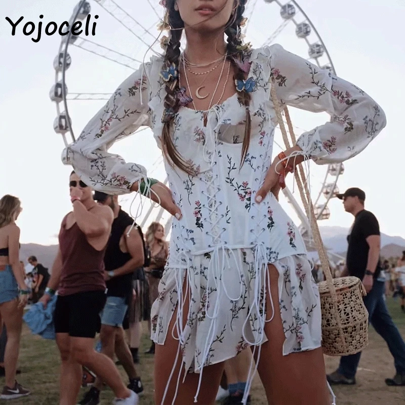 Yojoceli платье с длинными рукавами и принтом на день женское платье с поясом и рюшами уличная мини-платье