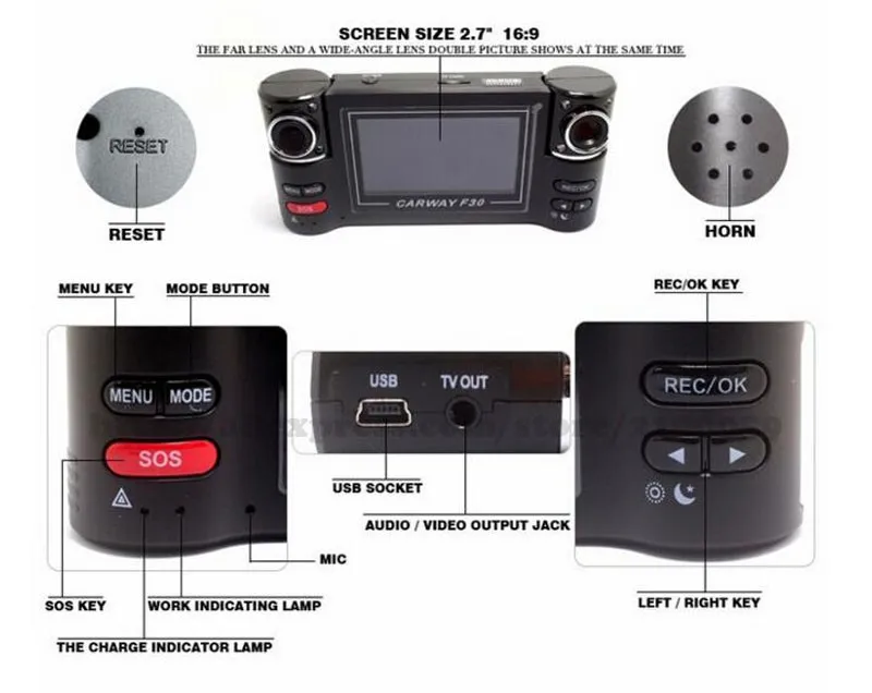 Carway F30 Видеорегистраторы для автомобилей 2,7 "на тонкопленочных транзисторах на тонкоплёночных транзисторах ЖК-дисплей HD 1080 P двойная Камера