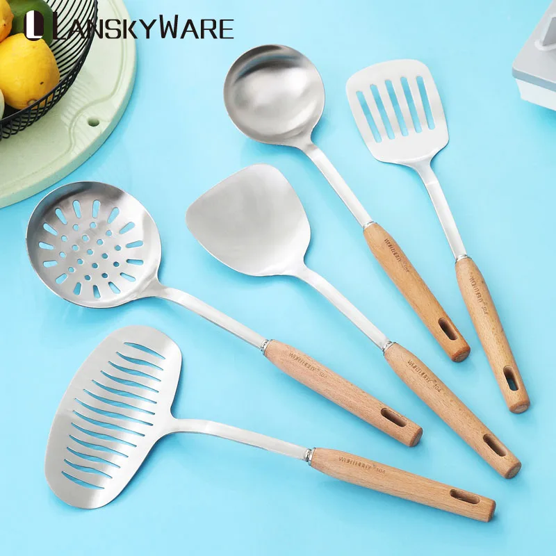 

LANSKYWARE Kitchen Cooking Tools Set 304 Stainless Steel Kitchenware With Wooden Handle Spatula Soup Ladle Kitchen Utensils Set