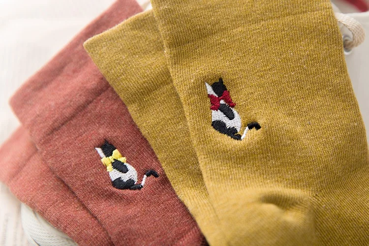 Весенне-летние носки для женщин, хлопковые носки harajuku, милые носки с вышитым котом из мультфильма, Женские повседневные носки meias mujer
