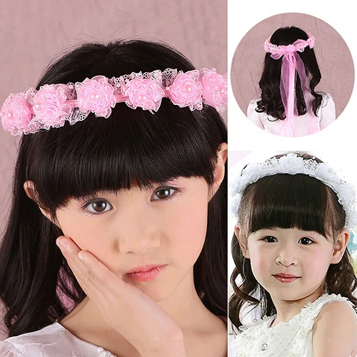 Hot Pink White Girl Children Faux Pearls Lace Ribbon Floral Flower Wedding Hairband Headband Hairwear 5BQO