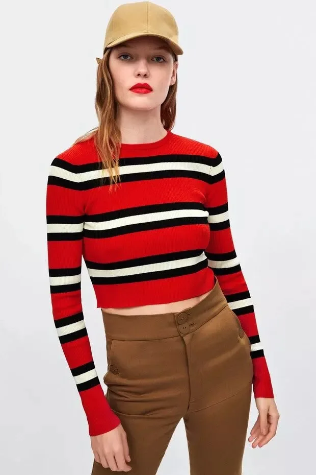 

Hot sale Paragraphs D0903U23 autumn new Europe and the United States show thin stripes short render knit # 1029