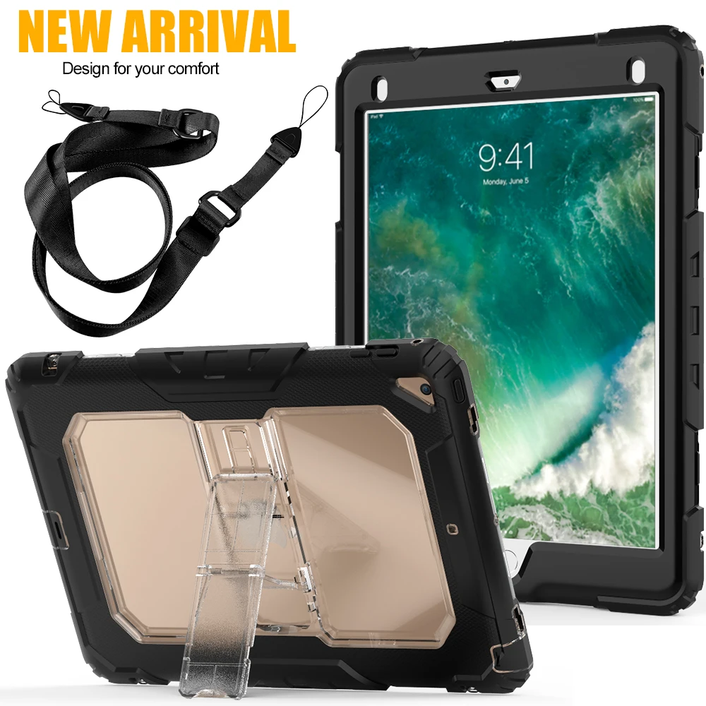 

For Apple New iPad 9.7 inch 2017 2018 Case 360 Degree Full Body Protective Cover Hybrid Armor Front Back With Stand Should Strap