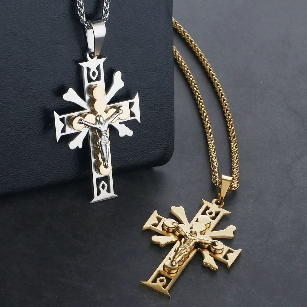 

Antique Catholic Cross Pattern Pendant Jewelry Necklace Stainless Steel Crucifix Jesus Link Chain for Women Men Gift colar NC106