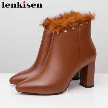

Lenkisen 2018 retro western boots pointed toe winter keep warm high quality zipper high heels rivets cow leather ankle boots L67