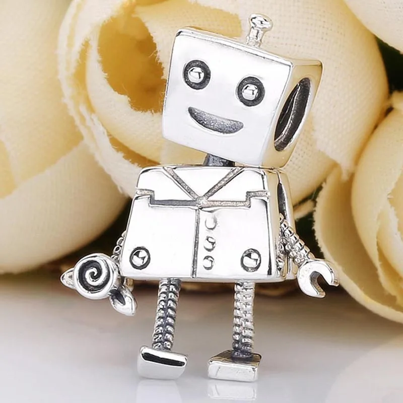 

New 925 Sterling Silver Bead Charm Rob Bot Moveable Arms And Legs And A Rose Beads Fit Pandora Bracelet Bangle Diy Jewelry