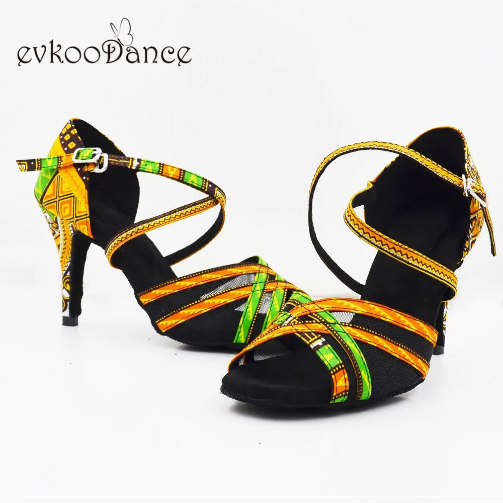 Evkoodance Africa Print Professional Zapatos De Baile Suede Leather Sole Heel 8.5cm Latin Dance Shoes using indoor Evkoo-566 - Цвет: 8.5cm heel