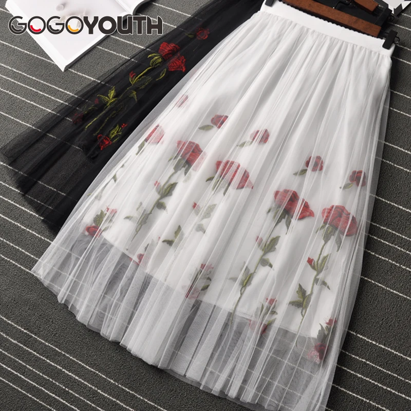 

Surmiitro Rose Embroidery Long Pleated Skirt Women 2018 New Summer Elegant High Waist Tulle Skirt Female Black A-line Sun Skirt