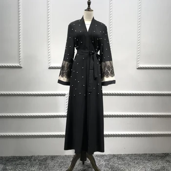 

Black Lace Pearls Cardigan Robe Abayas For Women Hijab Muslim Dress Kaftan Abaya Dubai Caftan Marocain Turkish Islamic Clothing