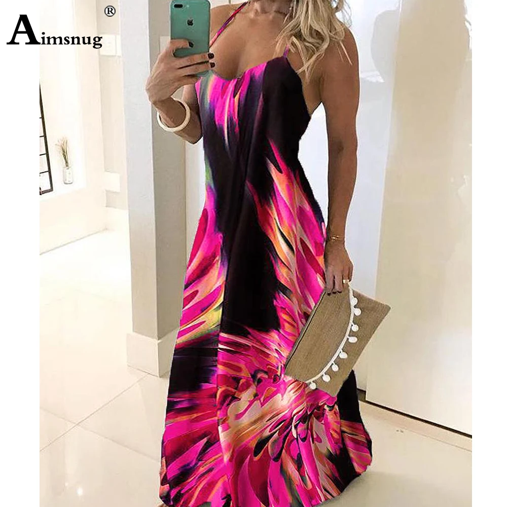 

Aimsnug Women Elegant Fashion Dress Casual Sleeveless Summer Party Boho Dress Halter Colorful Print Open Maxi Dresses