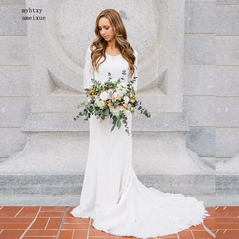 

Sexy Cheap Boho Wedding Dress With Long Sleeve V Neck Lace Mermaid White Ivory Beach Bridal Gown Wedding Gown Free Shipping 2020
