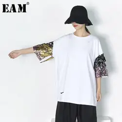 [EAM] 2019 сезон: весна–лето новые модные черный, белый цвет Длинные свободные корейский блестками рукавом стежка отверстие большой Размеры