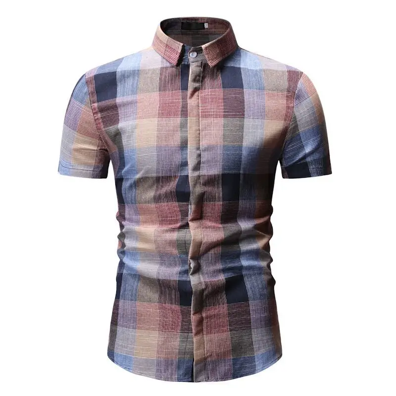 Chemise Homme Plaid Dress Shirts Mens Short Sleeve Button-Down Checkered Shirts 2019 Summer Fashions Men Blouse YS52 (1)