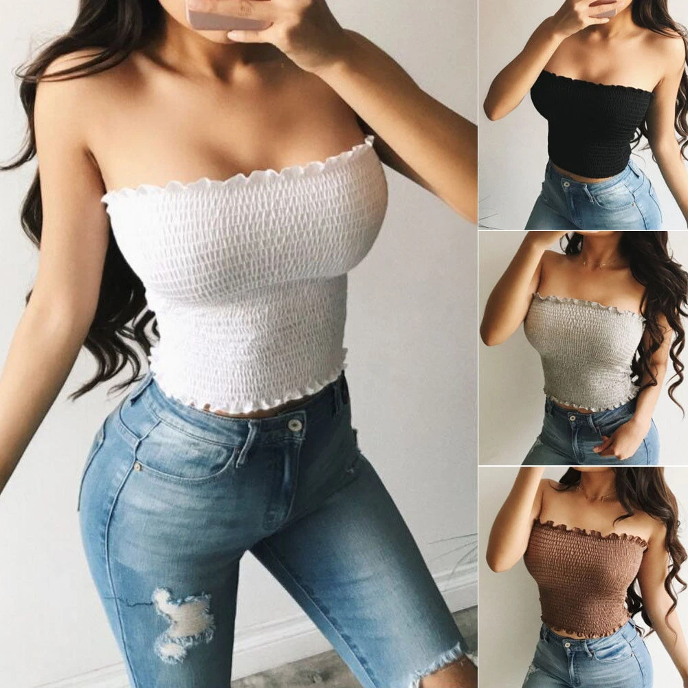 Ladies Bandeau Smocked Ruched Sheering Gathered Shirred tube Crop Top Black