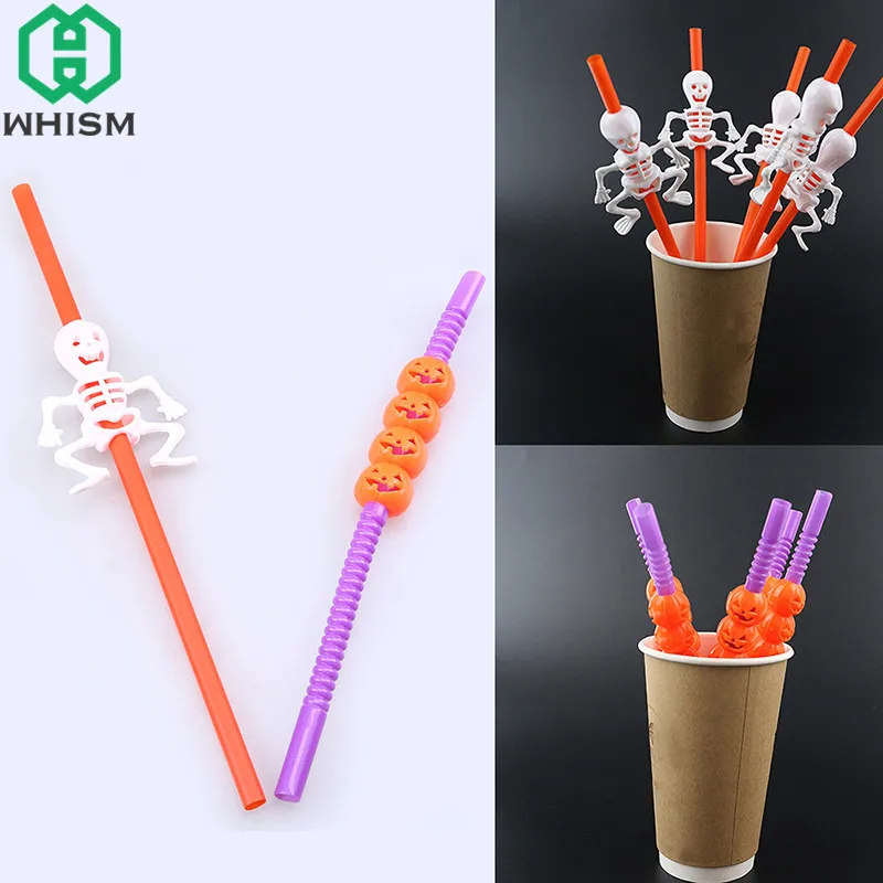 

WHISM 5PCS Halloween Plastic Disposable Straws Skull Pumpkin Coffee Drinking Glass Straw for Christmas Wedding Birthday Party