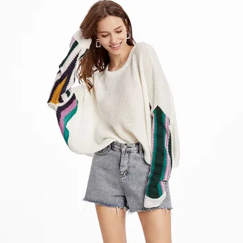 

Wixra Women Hot Trendy Patchwork Sweaters O-Neck Oversized Long Sleeve Sweaters Pullover Spring Autumn For Women