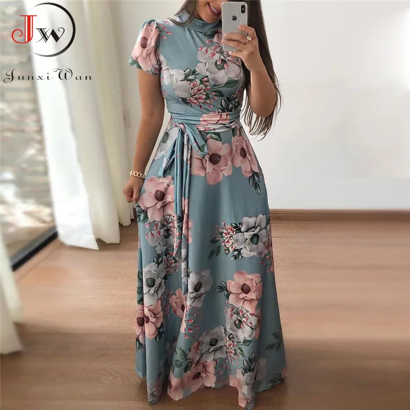 

Women Summer Maxi Dress 2019 Casual Short Sleeve Boho Floral Print Long Dress Turtleneck Bandage Elegant Party Dresses Vestidos