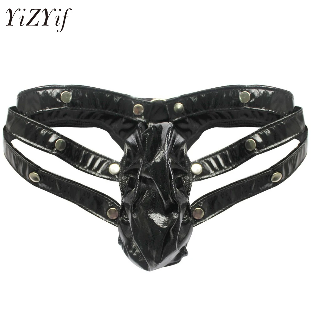

YiZYiF Sexy Jockstrap Gay Mens Patent Leather G-String Wet-Look Metal Rivets Underwear Lingerie Bulge Pouch T-Back Thongs