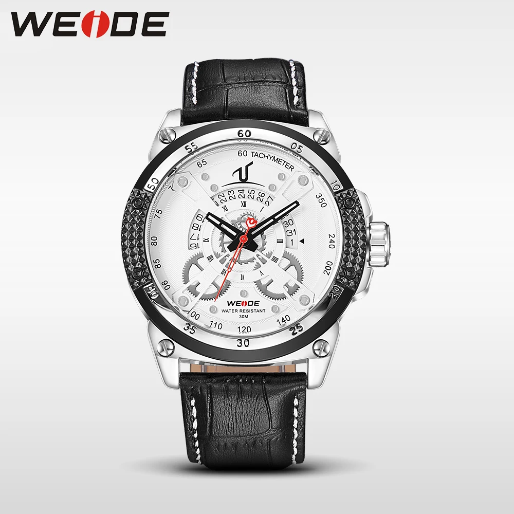 WEIDE luxury brand leather sport quartz watch men water resistant mehanical hand wind analog