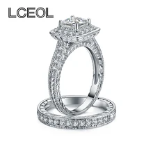 LCEOL  Luxury Jewelry 2 Circles Ring Set Clear CZ Diamonds Pave Setting White Gold Color Luxury Engagement Ring for Girlfriend