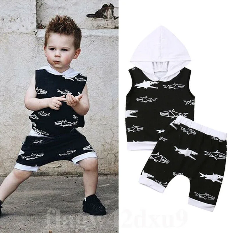 Fashion Summer Kids Baby Boy Outfits Shark Printed 2Pcs Sleeveless Hooded Vest+Elastic Waist Shorts Cotton Clothes Sets 1-6Y | Детская