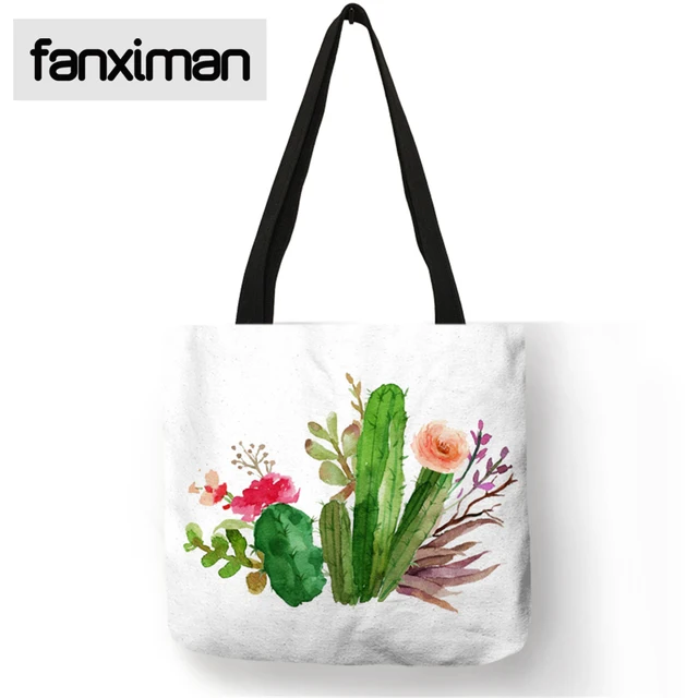 custom watercolor tropical plant pineapple cactus print tote bag