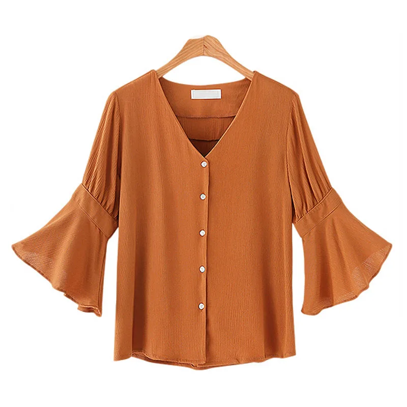 

New elegant Blouses For Women Flare Three-Quarter Sleeve V-Neck Tops office ladies workwear Shirts Korean Style Blause ZD1112
