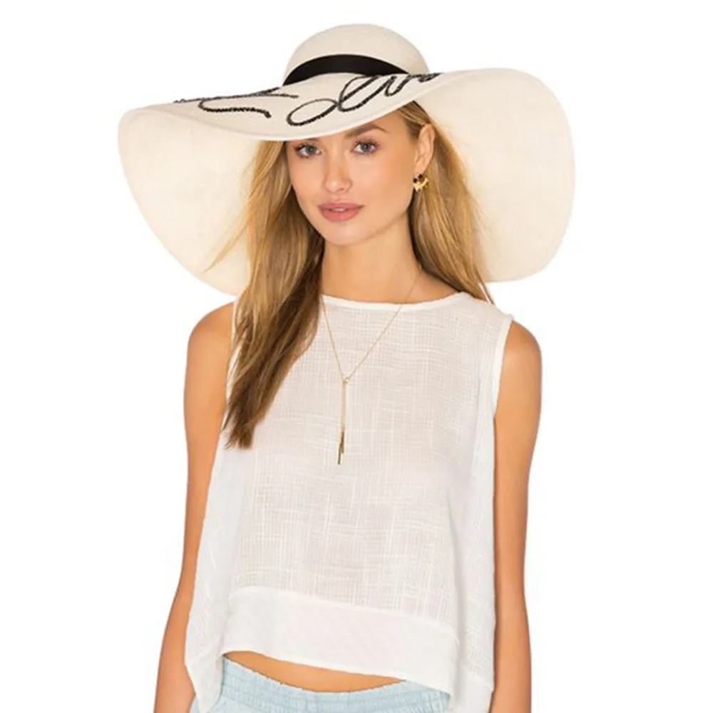 Женская летняя соломенная широкополая шляпа от солнца, лента вокруг блестящих пайеток, надписей, с вышивкой, очень большая, с широкими полями, Панама, кепка, пляжная одежда