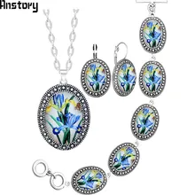 Oval Orchid Flower Jewelry Set Antique Silver Plated Necklace Earrings Bracelet Fashion Jewelry TS418