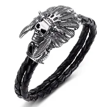 Панковский многослойный плетение прелестная Веревка Цепь череп головы Модные мужские украшения-браслеты из нержавеющей стальной кожаный браслет и браслет