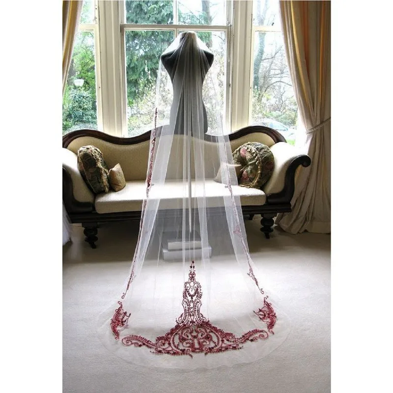 

2019 New Wedding Accessory 3 Meters Wedding Veil Red Custom Made Length Lace Edge Long Bridal Veil With Free Comb