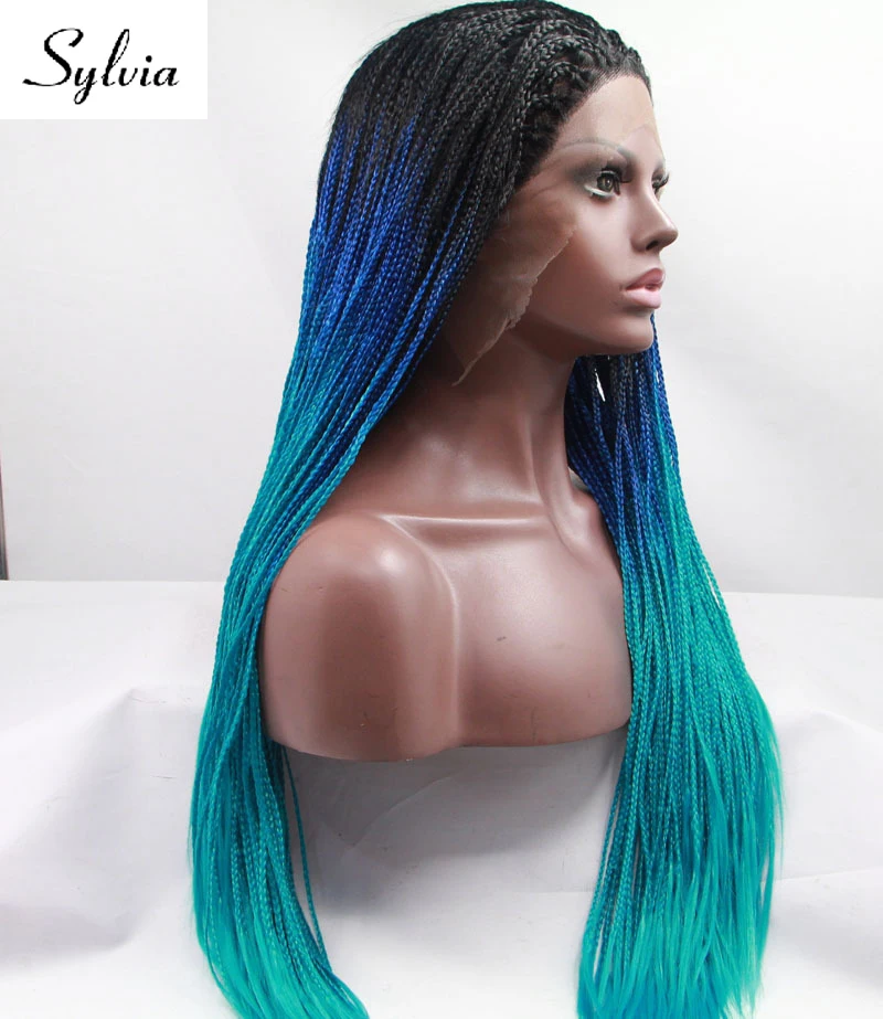 Sylvia черный/темно-синий/синий Омбре плетеная коробка косички Синтетические Кружева передние парики с темными корнями для черной женщины термостойкие