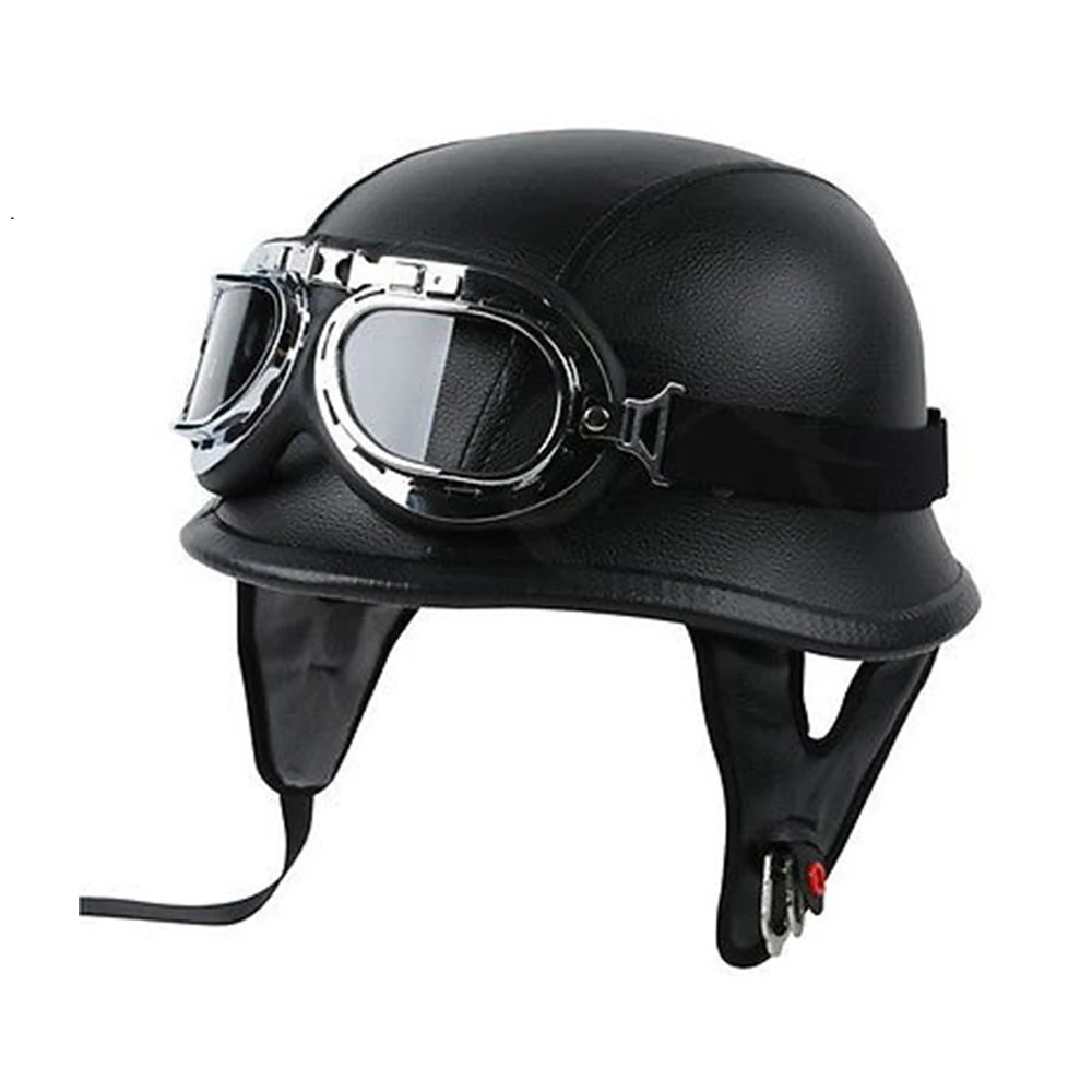 Motorcycle Helmet Leather Style BLACK German Motorcycle Open Face Half