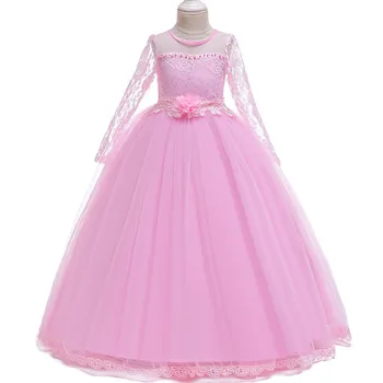 

4-14 year girl teens banquet formal clothes hollow long sleeve lace flower girl wedding dress children sweet party long dress