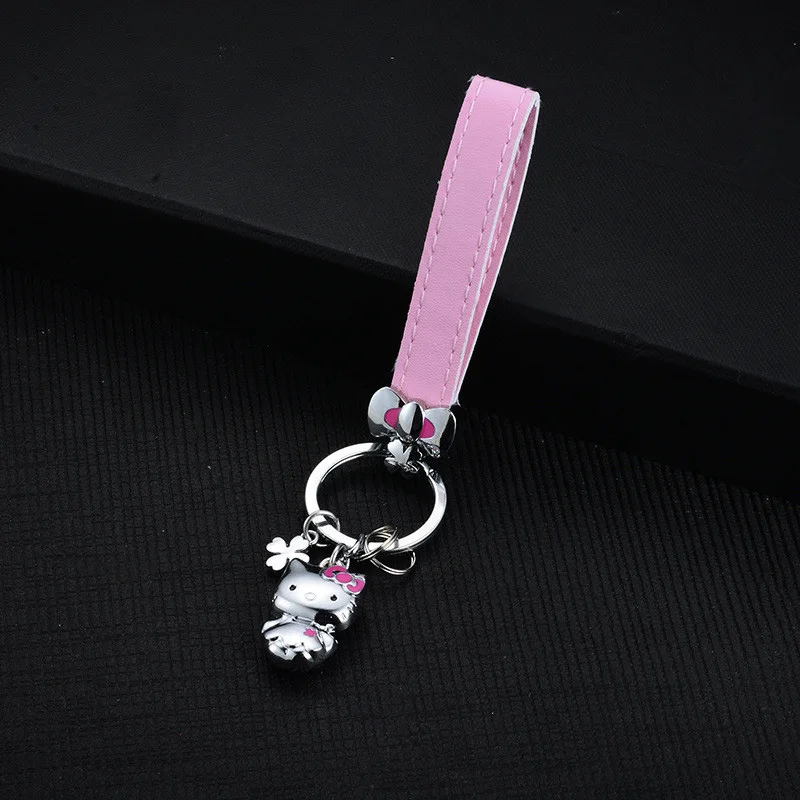 

Cute Pink Leather Belt Rope KT Key Ring Metal Hello Kitty Keychain Girl Car Purse Charm Key Chain Key Holder Auto Pendant Gift